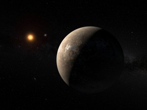 An artist's impression of the planet Proxima b orbiting the red dwarf star Proxima Centauri.