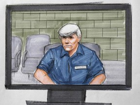 In this Tuesday, Aug. 9, 2016 courtroom sketch, former Illinois Gov. Rod Blagojevich, right, appears via video from a Colorado prison