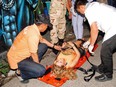 In this Thursday, Aug. 11, 2016, photo, rescue workers help an unidentified woman after a bomb blast in the southern resort city of Hua Hin, 240 kilometres south of Bangkok, Thailand.