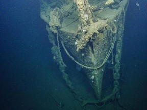 The bow of the former USS Independence, a light aircraft carrier that was exposed to two atomic bomb tests in 1946