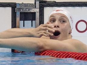 Canada's Penny Oleksiak reacts after winning the silver medal in the women's 100-metre butterfly final at Rio 2016.