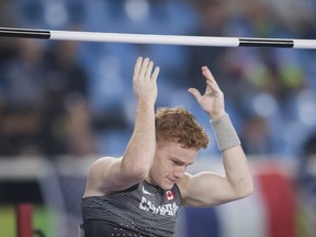 Shawn Barber, of Canada, fails to clear the bar in the pole vault competition in Rio on Aug. 13.