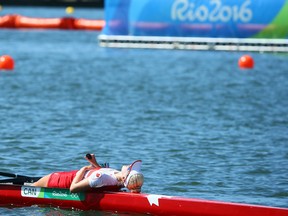 Team Canada crosses the line for 5th place finish in the Women's coxed eight rowing during the 2016 Rio Olympics.