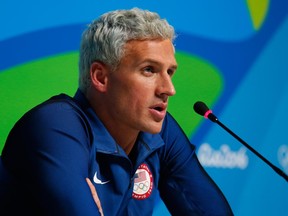 Lochte attends a press conference in Rio on Aug. 12.