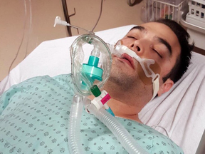 Simon-Pierre Canuel lying in a coma in hospital after suffering a severe allergic reaction to fish he was served at a Sherbrooke, Quebec, restaurant..