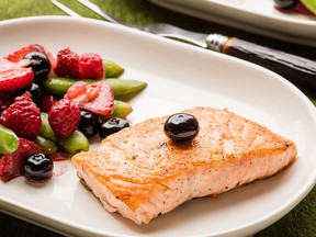 Fresh berries and crisp sugar snaps complement pan-seared fillets.