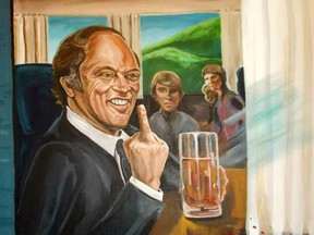 Detail from Pierre Trudeau The Salmon Arm Salute, a painting by Edmonton artist Jenn Kovachik. Full painting visible at JennKovachik.com