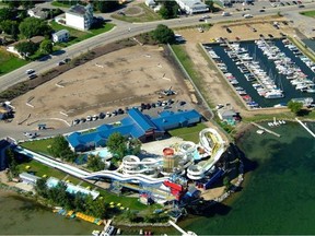 An aerial photo of the Wild Rapids water park in Sylvan Lake, Alta.