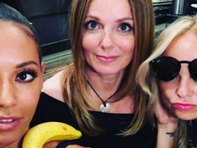 Mel B (left), banana, Geri and Emma (right) share a night of wine and giggles.