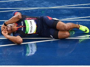 France's Wilhem Belocian reacts after a false start in the Men's 110m Hurdles.