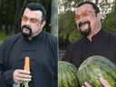Steven Seagal who has been recently granted Serbian citizenship, eats a carrot during his meeting with Belarus President at his residence of Drozdy, outside Minsk, on August 24, 2016