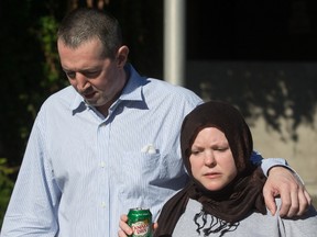 John Nuttall, left, and Amanda Korody, who had terrorism charges against them thrown out in B.C. Supreme Court, are released from jail on July 29.