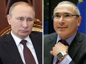 Russian President Vladimir Putin, left,  and his most dogged adversary Mikhail Khodorkovsky, right.