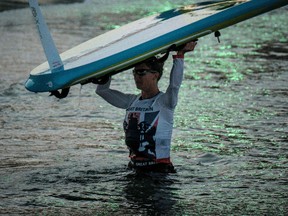 British windsurfer Bryony Shaw finishes her day training for the Rio Games