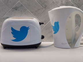 A Twitter-branded toaster and kettle inside Twitter's Toronto office.