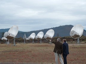 Front view of antennas of the Allen Telescope Array, a radio telescope for combined radio astronomy and SETI (search for extraterrestrial intelligence) research being built by the University of California at Berkeley, outside San Francisco.