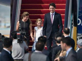 Prime Minister Justin Trudeau of Canada, his wife Sophie Gregoire Trudeau and their daughter arrive in Hangzhou to attend to the G20 Leader Summit on September 3, 2016 in Hangzhou, China.