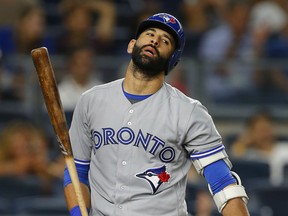 Jose Bautista of the Toronto Blue Jays reacts to a called strike against the New York Yankees during the ninth inning of the Yankees' 2-0 win in New York on Wednesday.