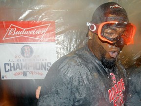 David Ortiz of the Boston Red Sox celebrates after clinching the American League East title after a game against the New York Yankees on Wednesday.