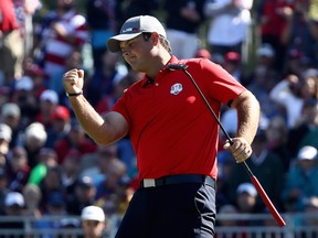 Patrick Reed of the United States reacts after a putt on the third hole during afternoon fourball matches of the 2016 Ryder Cup at Hazeltine National Golf Club on September 30, 2016 in Chaska, Minnesota.