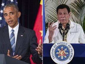 U.S. President Barack Obama speaks during a press conference following the conclusion of the G20 summit in Hangzhou, China, and Philippine President Rodrigo Duterte appears at a press conference in Davao City, the Philippines, prior to his departure for Laos to attend the ASEAN summit. Obama on Monday called a planned meeting with Rodrigo Duterte into question after the Philippine leader launched a foul-mouthed tirade against him.