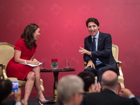 Justin Trudeau answers a question from Bloomberg Television anchor Angie Lau during a Canada-Hong Kong business luncheon, held by the Canadian Chamber of Commerce, during his visit to Hong Kong on September 6, 2016.