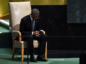 US President Barack Obama waits to address the 71st session of United Nations General Assembly at the UN headquarters in New York on September 20, 2016.