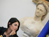 Rome mayor Virginia Raggi looks on during a press conference at city hall on Sept. 21, when said she would not give her formal backing to a 2024 Olympic bid.