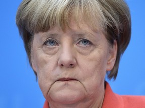 German Chancellor and Chairwoman of the German Christian Democratic Party (CDU), Angela Merkel, attends a press conference in Berlin, Germany, Monday, the day after Merkel's party endured a second setback in a state election in two weeks, as many voters turned to the left and right in Berlin.