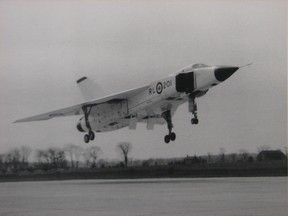 The first Avro Arrow jet fighter interceptor takes to the skies over Toronto in 1958.