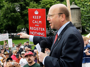 Assemblyman Bill Nojay speaks during a gun-rights rally in Albany, N.Y. in 2013.