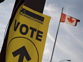 A voting sign for the federal election in Brantford, Ont., on Oct. 19, 2015.