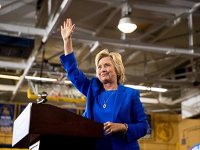 Democratic presidential candidate Hillary Clinton waves after speaking at a rally at Johnson C. Smith University in Charlotte, N.C., Thursday, Sept. 8, 2016. (AP Photo/Andrew Harnik)