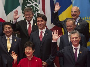 Justin Trudeau poses with other leaders during the family photo at the G20 Leaders Summit in Hangzhou,  Sunday September 4, 2016.