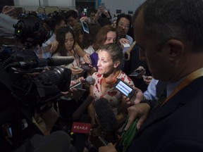 International Trade Minister Chrystia Freeland speaks with Canadian and International reporters at the G20 Leaders Summit in Hangzhou, China, on Monday.
