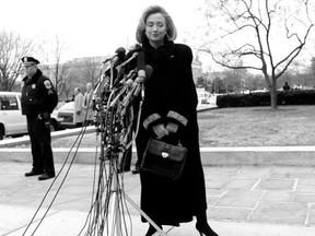 Hillary Clinton speaks to the press before a courthouse appearance in January 1996. She became only first lady in history ever called before a federal grand jury.