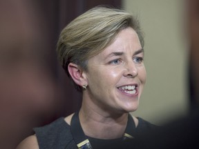 Leadership candidate Kellie Leitch, MP for the riding of Simcoe-Grey, talks with reporters at the national Conservative summer caucus retreat in Halifax on Wednesday, Sept. 14, 2016.