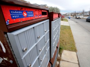 A community mail and parcel boxes in Calgary, Alta