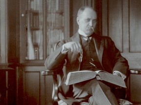 Famed Canadian physician William Osler at his Oxford University study in 1907. Two years prior to this photo, he had sparked global outrage by suggesting that men over 60 were 'useless' and joking that they should be killed.
