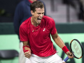 Vasek Pospisil of Vancouver reacts after breaking Nicholas Jarry of Chile during Davis Cup action in Halifax on Friday. Pospisil won the match.