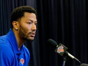 In this June 24 file photo, Derrick Rose speaks during a news conference after the New York Knicks acquired him from the Chicago Bulls.