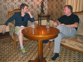 Edward Snowden and Canadian human rights lawyer Robert Tibbo in Moscow on July 26, 2016.