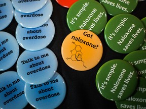 Pins at a police presentation on fentanyl at Delta Secondary School in B.C. on Sept. 14. Naloxone is an opioid antidote.