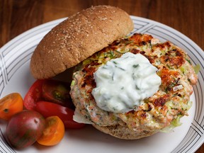 Salmon Burgers with Tzatziki Sauce.