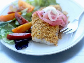 Tortilla-crusted Tilapia with Pickled Red Onions  and Crema.