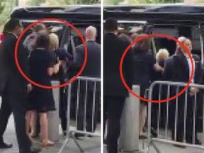 In the video, Hillary Clinton stumbles before entering the van.