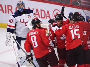 Team Canada celebrates a third-period goal by John Tavares during their 5-2 exhibition win over the U.S. on Sept. 10.