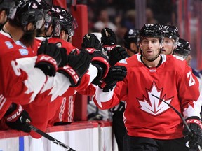 Team Canada's John Tavares celebrates a first-period goal against the U.S. in Ottawa on Sept. 10.