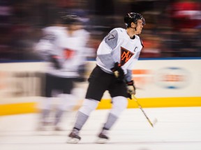 North America's Connor McDavid skates during warm-ups at the World Cup on Sept. 21.