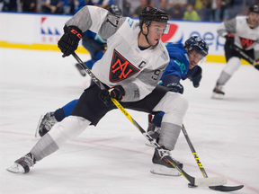 Team North America captain Connor McDavid drives to the net in exhibition play against Team Europe in Quebec City on Sept. 8.